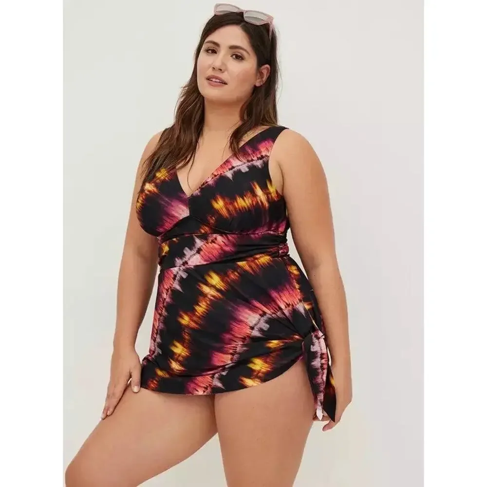 Torrid Size 1 1X 14-16 Wireless Short Asymmetrical Swim Dress with Brief Tie Dye